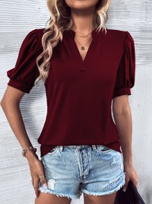 SHEIN LUNE Notched Neckline Puff Sleeve Tee - Burgundy - View 5