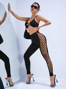 SHEIN ICON 鏤空側邊十字交叉緊身打底褲 - 黑色 - 查看 1