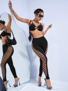 SHEIN ICON 鏤空側邊十字交叉緊身打底褲 - 黑色 - 查看 6