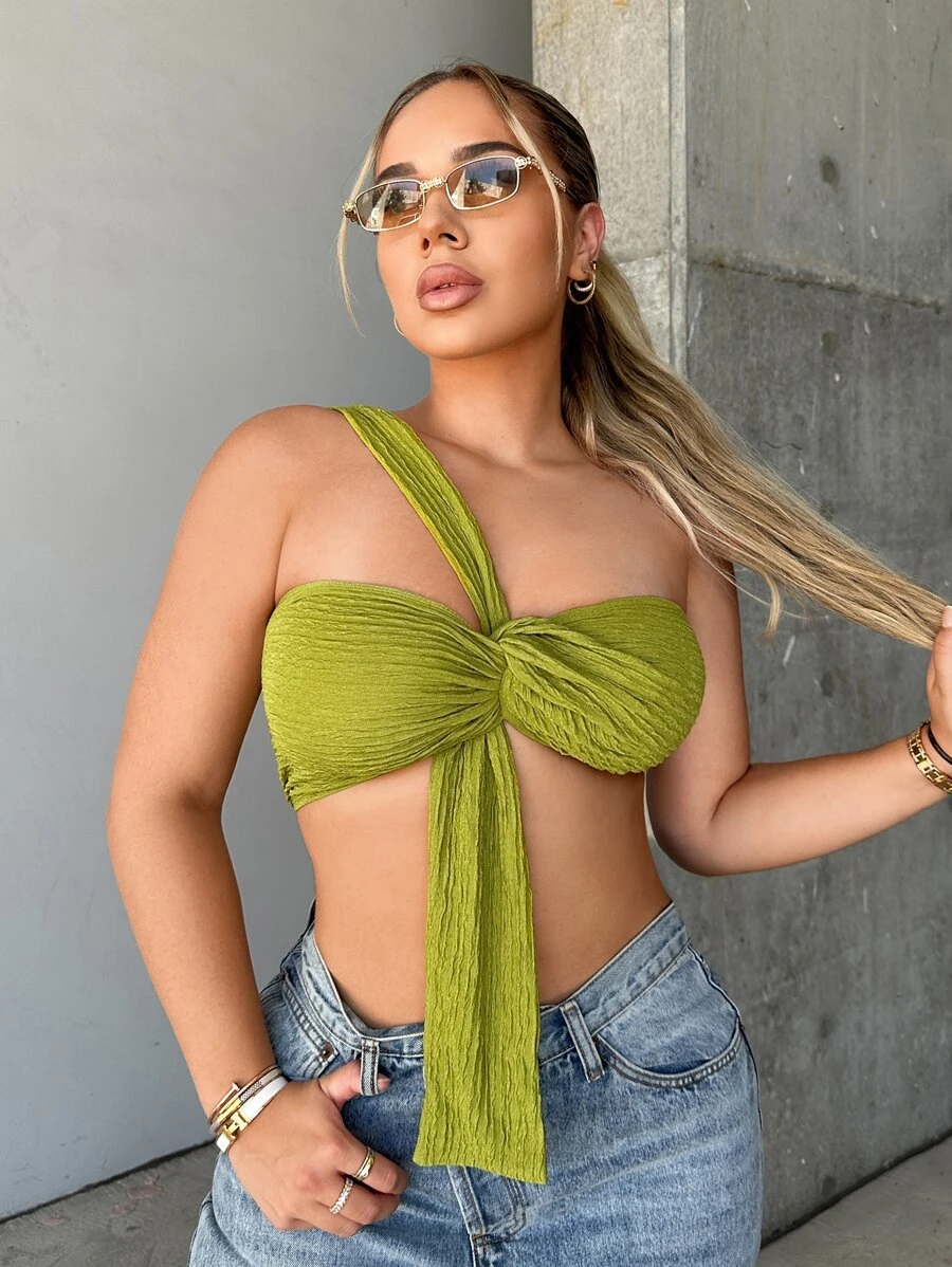 SHEIN SXY One Shoulder Twist Front Crop Top - Green - View 1