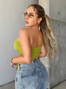 SHEIN SXY One Shoulder Twist Front Crop Top - Green - View 2
