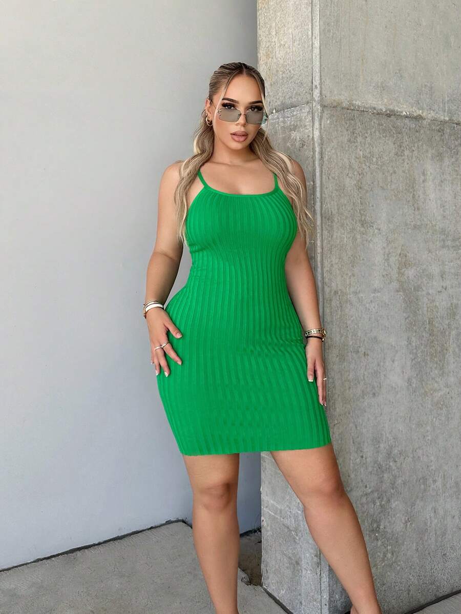 SHEIN SXY Ribbed Knit Cami Jumper Dress - Green - View 1