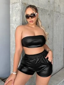 SHEIN SXY 彈性腰帶斜口袋PU皮革短褲