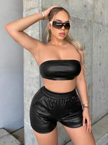 SHEIN SXY 彈性腰帶斜口袋PU皮革短褲
