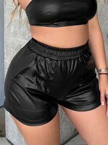 SHEIN SXY 彈性腰帶斜口袋PU皮革短褲