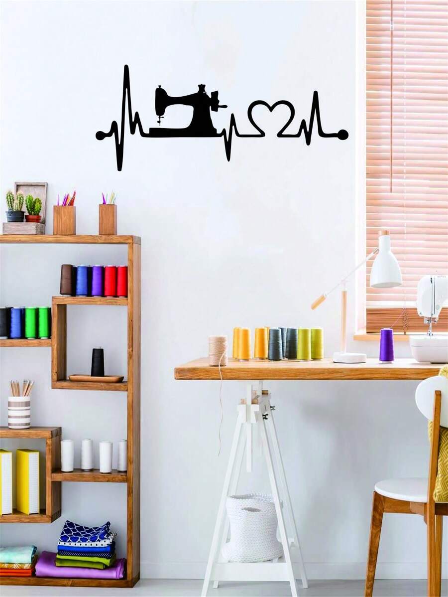 Sewing Machine Print Wall Sticker, Black Self Adhesive Wall Art Decoration Decal, For Home Decor - Black - View 1