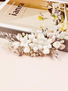 1pc Zinc Alloy Leaf Hair Comb With Rose Gold And White Ceramic Floral Decoration For Bride Or Wedding Party - Rose Gold - View 1