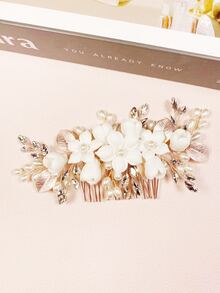1pc Zinc Alloy Leaf Hair Comb With Rose Gold And White Ceramic Floral Decoration For Bride Or Wedding Party - Rose Gold - View 2