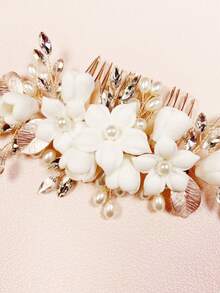 1pc Zinc Alloy Leaf Hair Comb With Rose Gold And White Ceramic Floral Decoration For Bride Or Wedding Party - Rose Gold - View 4