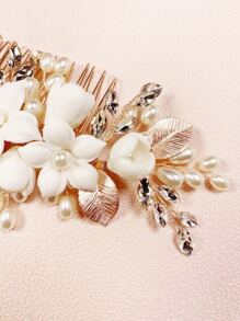 1pc Zinc Alloy Leaf Hair Comb With Rose Gold And White Ceramic Floral Decoration For Bride Or Wedding Party - Rose Gold - View 5