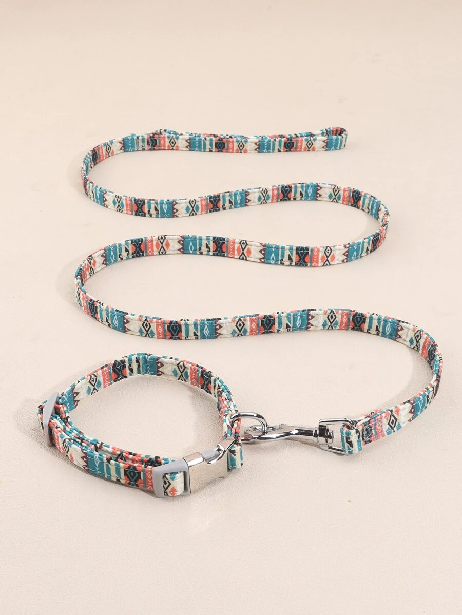 套波西米亞風格寵物項圈和皮帶套裝，帶有彩色印花圖案 - 彩色 - 查看 1