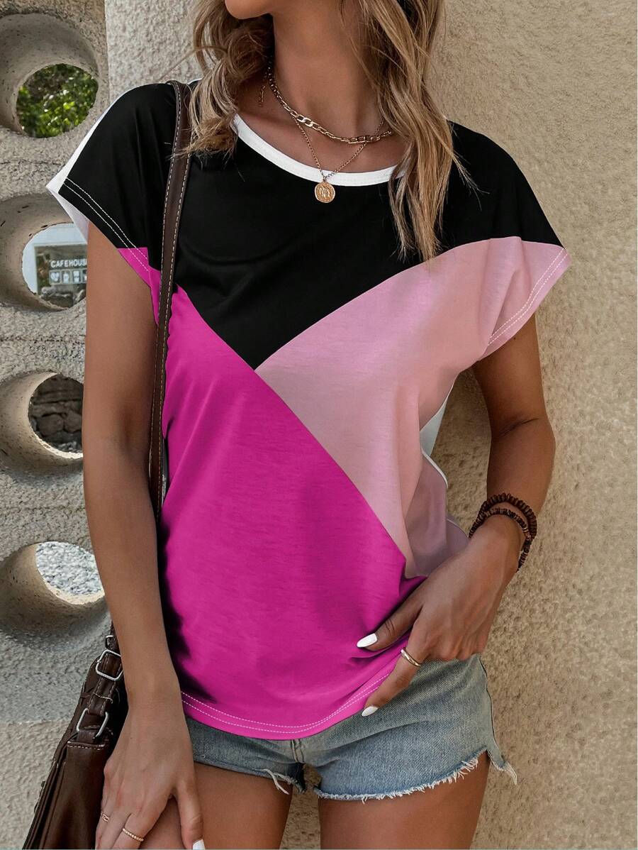SHEIN LUNE 撞色蝙蝠袖T恤 - 彩色 - 查看 1