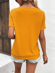 SHEIN LUNE Áo thun nữ Nút phía trước màu trơn Giải trí - Màu vàng - Xem 2