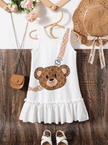 SHEIN Petite fille Robe sans manches à imprimé ours à volants