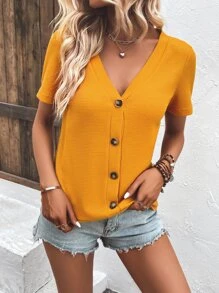 SHEIN LUNE Áo thun nữ Nút phía trước màu trơn Giải trí - Màu vàng - Xem 3