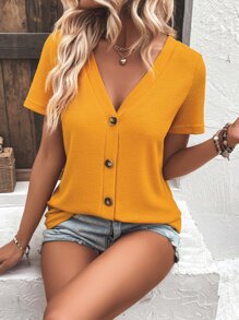 SHEIN LUNE Áo thun nữ Nút phía trước màu trơn Giải trí - Màu vàng - Xem 6