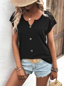 SHEIN LUNE 蕾絲拼接前紐扣蝙蝠袖T恤 - 黑色 - 查看 5