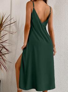 SHEIN VCAY Vestido de tirantes unicolor de muslo con abertura - Verde Oscuro - Ver 2