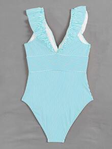 Bañador una pieza de rayas ribete con fruncido - Azul y blanco - Ver 2