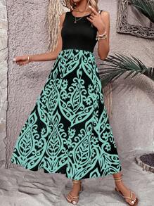 SHEIN Holidaya 圖案印花無袖A字連衣裙 - 綠色 - 查看 5