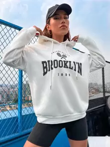 SHEIN Unity Capucha con estampado de letra de hombros caídos con cordón - Blanco - Ver 1