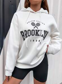 SHEIN Unity Capucha con estampado de letra de hombros caídos con cordón - Blanco - Ver 5