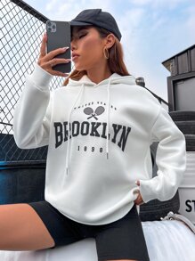 SHEIN Unity Capucha con estampado de letra de hombros caídos con cordón - Blanco - Ver 6