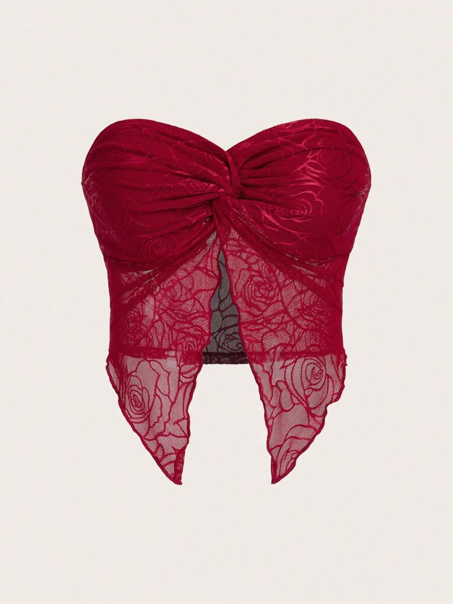 SHEIN ICON Spring Twist Front Split Hem Tube Red Top - Màu Đỏ Sâu - Xem 1