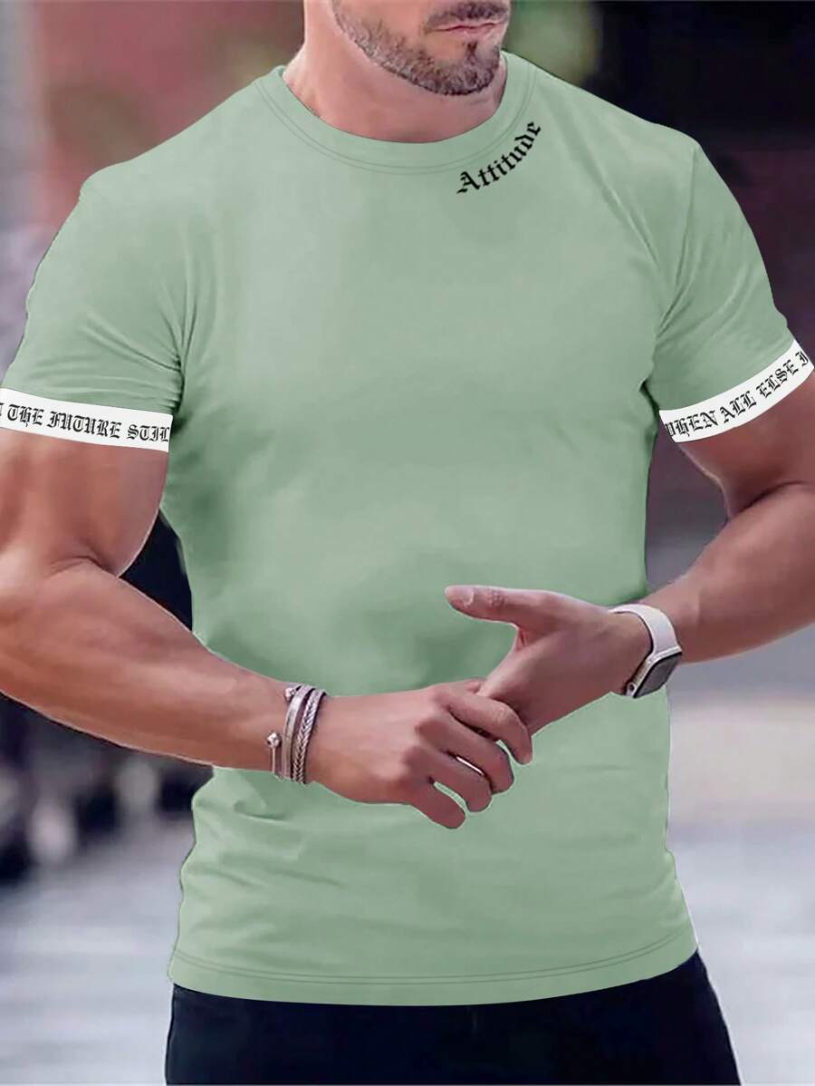 Manfinity Homme Áo thun & Áo lót Nam Lá thư Giải trí - Màu xanh Bạc hà - Xem 1