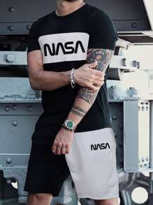 Manfinity Homme 男士雙色字母圖案T恤和腰部抽繩短褲 - 黑與白 - 查看 1