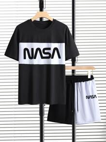 Manfinity Homme 男士雙色字母圖案T恤和腰部抽繩短褲 - 黑與白 - 查看 5