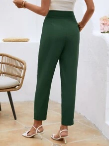 SHEIN LUNE Women Suit Pants Túi Dây kéo Nút phía trước màu trơn - Màu xanh lá cây đậm - Xem 2