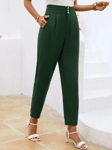SHEIN LUNE Women Suit Pants Túi Dây kéo Nút phía trước màu trơn - Màu xanh lá cây đậm - Xem 3