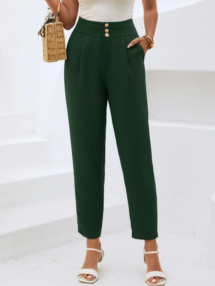 SHEIN LUNE Women Suit Pants Túi Dây kéo Nút phía trước màu trơn - Màu xanh lá cây đậm - Xem 1