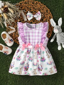 Baby Rabbit Print Ruffle Trim Bow Front Dress With Headband - Multicolor - View 1
