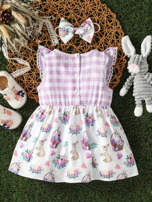 Baby Rabbit Print Ruffle Trim Bow Front Dress With Headband - Multicolor - View 2