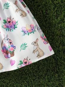 Baby Rabbit Print Ruffle Trim Bow Front Dress With Headband - Multicolor - View 6