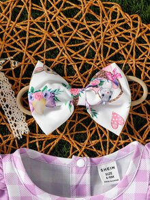Baby Rabbit Print Ruffle Trim Bow Front Dress With Headband - Multicolor - View 7