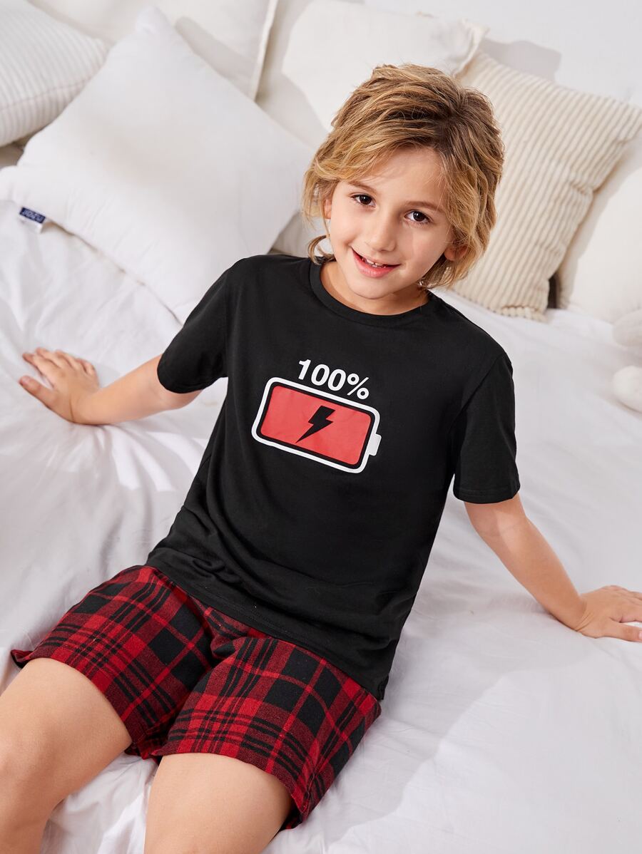 SHEIN Đồ ngủ bé trai Lá thư Sọc ca rô Giải trí - Nhiều màu - Xem 1