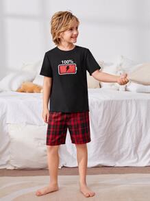 SHEIN Đồ ngủ bé trai Lá thư Sọc ca rô Giải trí - Nhiều màu - Xem 3