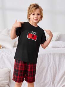 SHEIN Đồ ngủ bé trai Lá thư Sọc ca rô Giải trí - Nhiều màu - Xem 6