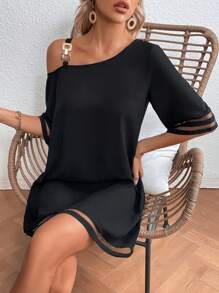 SHEIN LUNE Chain Detail Asymmetrical Neck Contrast Mesh Dress - Black - View 3