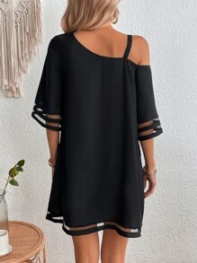 SHEIN LUNE Chain Detail Asymmetrical Neck Contrast Mesh Dress - Black - View 2