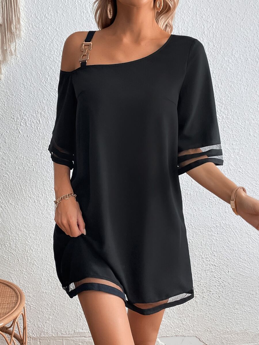 SHEIN LUNE Chain Detail Asymmetrical Neck Contrast Mesh Dress - Black - View 1