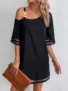 SHEIN LUNE Chain Detail Asymmetrical Neck Contrast Mesh Dress - Black - View 4