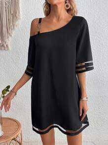 SHEIN LUNE Chain Detail Asymmetrical Neck Contrast Mesh Dress - Black - View 5
