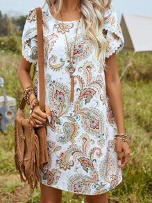 SHEIN VCAY 佩斯利印花花瓣袖直筒洋裝 - 彩色 - 查看 1