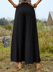 SHEIN LUNE Solid Wide Leg Pants Without Belt - Black - View 3