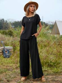 SHEIN LUNE Solid Wide Leg Pants Without Belt - Black - View 6
