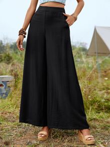 SHEIN LUNE Solid Wide Leg Pants Without Belt - Black - View 7